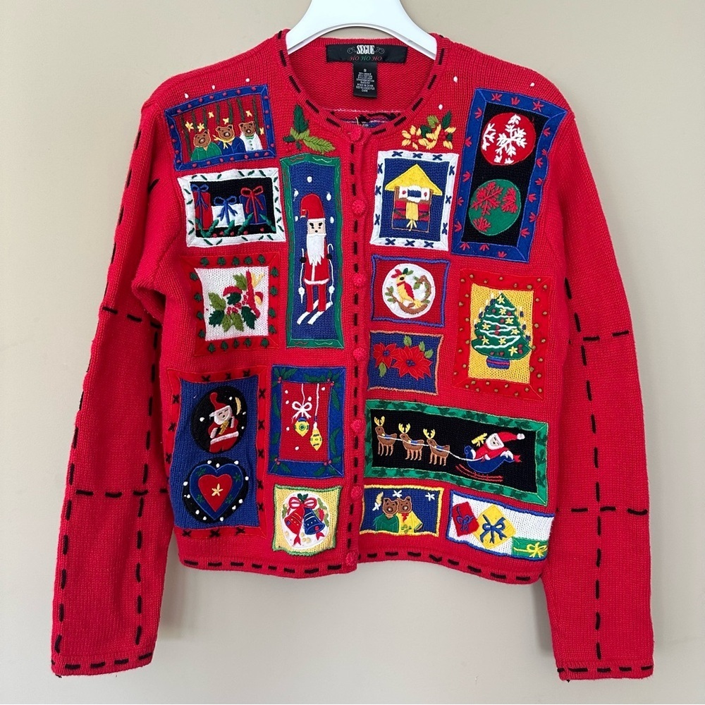 Vintage Women S Christmas Red Patchwork Cardigan Sweater Segue Embroidered Fun